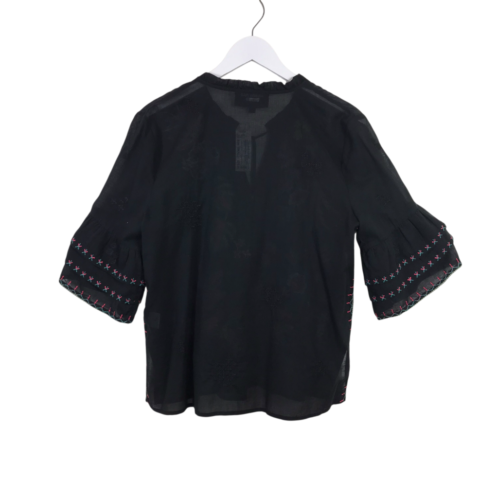 JOHNNY WAS EMBROIDERED BELL SLEEVE DESIGNER TOP BLACK BLUE SMALL