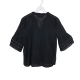 JOHNNY WAS EMBROIDERED BELL SLEEVE DESIGNER TOP BLACK BLUE SMALL