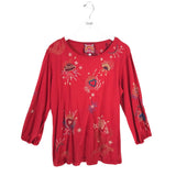JOHNNY WAS EMBROIDERED LONG SLEEVE DESIGNER TOP RED LARGE