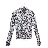 ALICE + OLIVIA FLORAL KNIT MOCK NECK LONG SLEEVE DESIGNER TOP BLACK WHITE LARGE