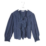DOEN PLAID LONG SLEEVE DESIGNER BLOUSE NAVY WHITE XLARGE
