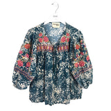 SAVANNA JANE PRINT EMBROIDERED 3/4 SLEEVE TOP TEAL MULTI LARGE