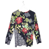JOHNNY WAS LONG SLEEVE TEE DESIGNER TOP NAVY GREEN LARGE