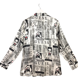 GUESS NWT PRINT LONG SLEEVE BLOUSE WHITE BLACK LARGE