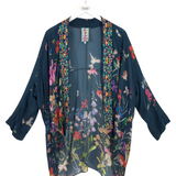 JOHNNY WAS EMBROIDERED 3/4 SLEEVE DESIGNER CARDIGAN BLUE MULTI MEDIUM