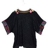 JOHNNY WAS EMBROIDERED SHORT SLEEVE DESIGNER BLOUSE BLACK MULTI LARGE