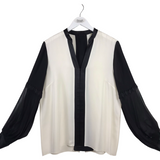 ELIE TAHARI LONG SLEEVE SILK DESIGNER TOP BLACK WHITE LARGE
