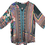 JOHNNY WAS SILK 3/4 SLEEVE DESIGNER TOP MULTI MEDIUM